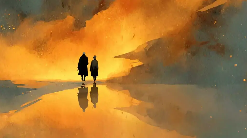 Illustration d'une figure et d'un guide marchant côte à côte évoquant la posture d'accompagnement en hypnothérapie distincte de la thérapie classique