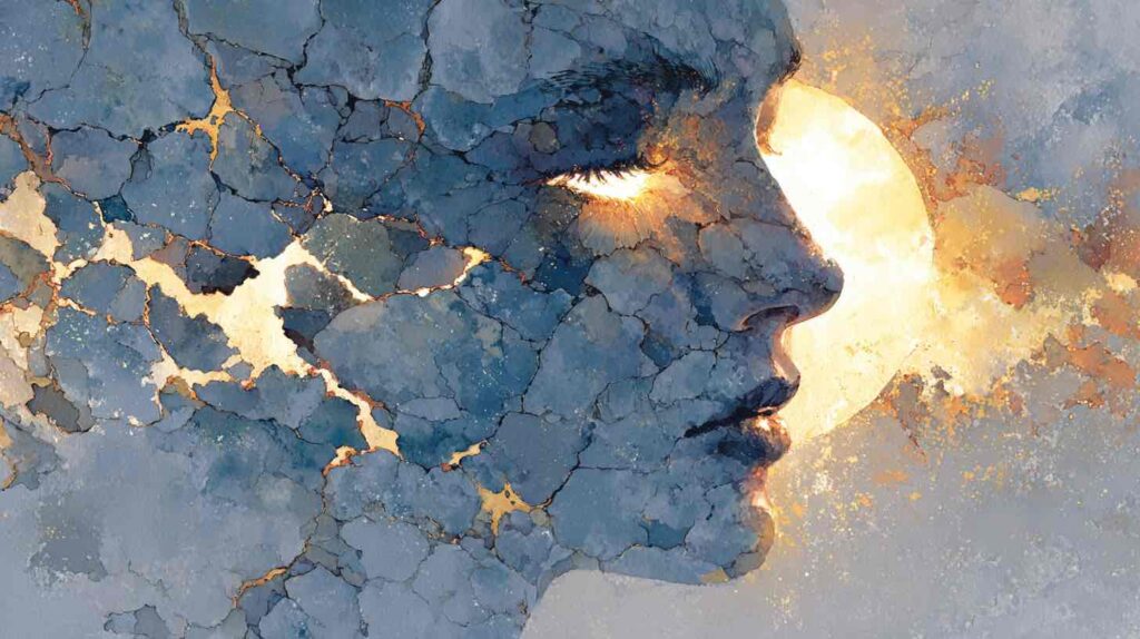 Illustration d'une figure fissurée rayonnant d'une lumière intérieure intacte évoquant le Self sain au cœur de la thérapie IFS