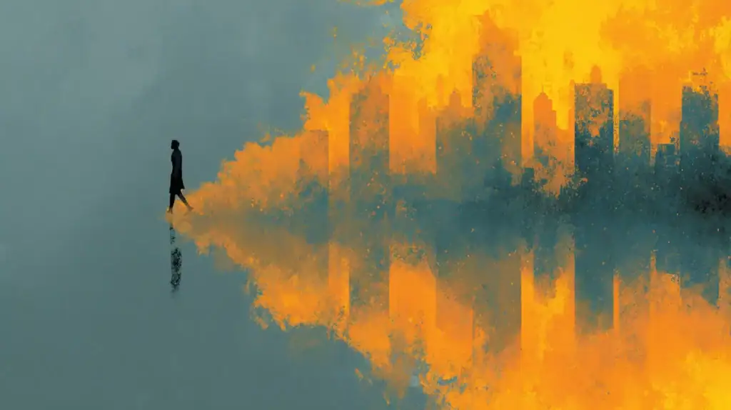 Illustration d'une figure quittant l'agitation urbaine évoquant la décompression proposée par l'hypnothérapeute à Gournay-sur-Marne