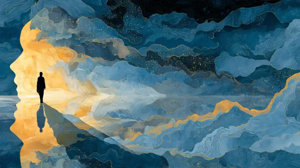 Illustration d'une figure au seuil de l'état hypnotique évoquant le travail symbolique de l'hypnose sur le trauma sans revivre explicitement