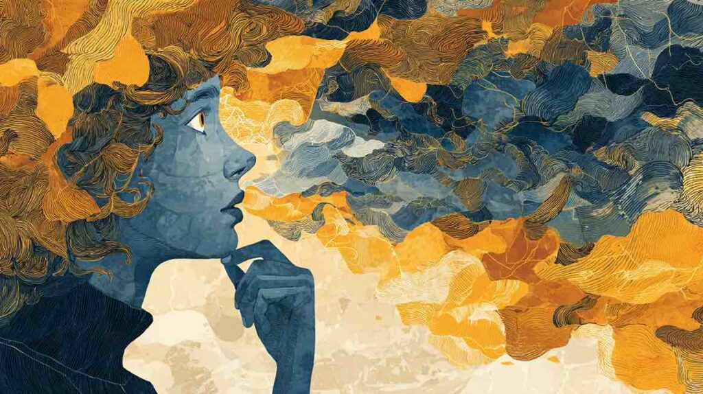 Illustration d'une figure restructurant ses pensées automatiques négatives évoquant le processus thérapeutique de la TCC pour l'anxiété