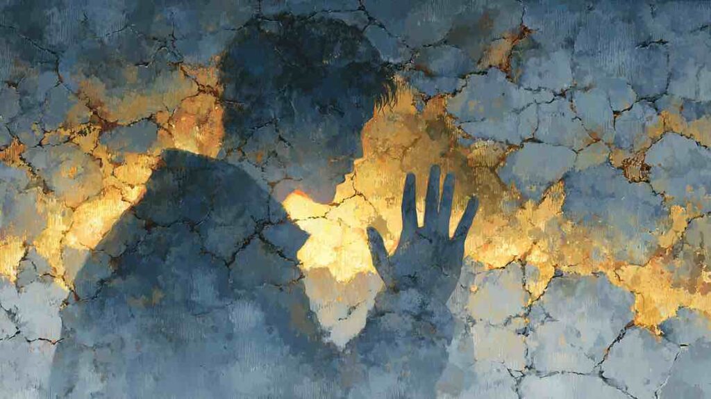 Illustration d'une figure retenant un mur fissuré évoquant l'épuisement psychique du refoulement émotionnel