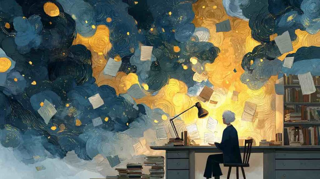 Illustration d'une figure submergée par des obligations flottantes évoquant la surcharge cognitive et la charge mentale