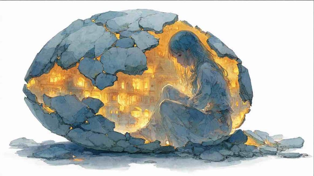 Illustration d'une figure protégée dans une coquille fissurée évoquant le bénéfice secondaire des comportements répétitifs