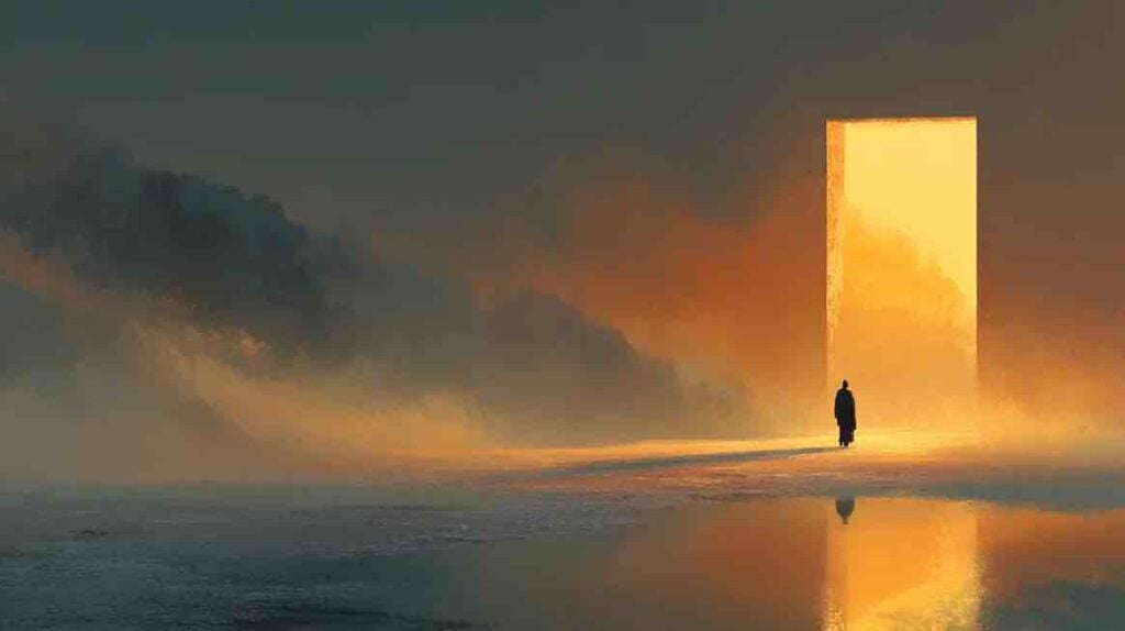 Illustration d'une figure au seuil d'un paysage intérieur lumineux évoquant le début du chemin vers la résilience émotionnelle