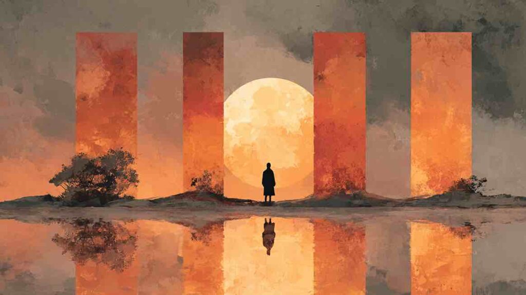 Illustration d'une figure entourée de quatre piliers lumineux évoquant les fondations de la construction de la confiance en soi