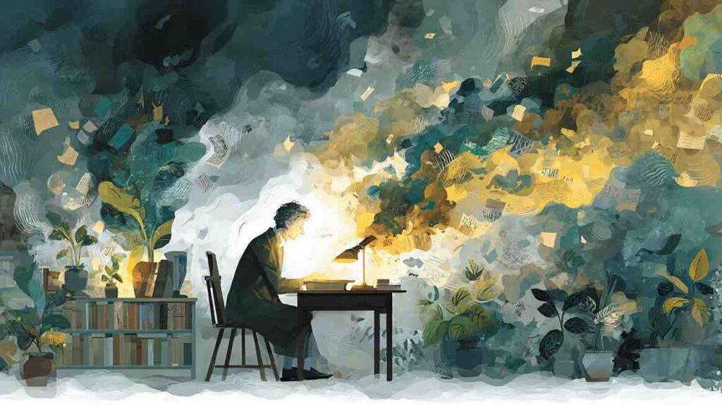 Illustration d'une figure dont les pensées se dissolvent en brouillard évoquant le brain fog causé par le stress chronique