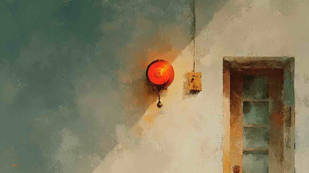 Illustration d'une alarme déclenchée dans une pièce calme évoquant l'hypervigilance cérébrale de l'anxiété permanente