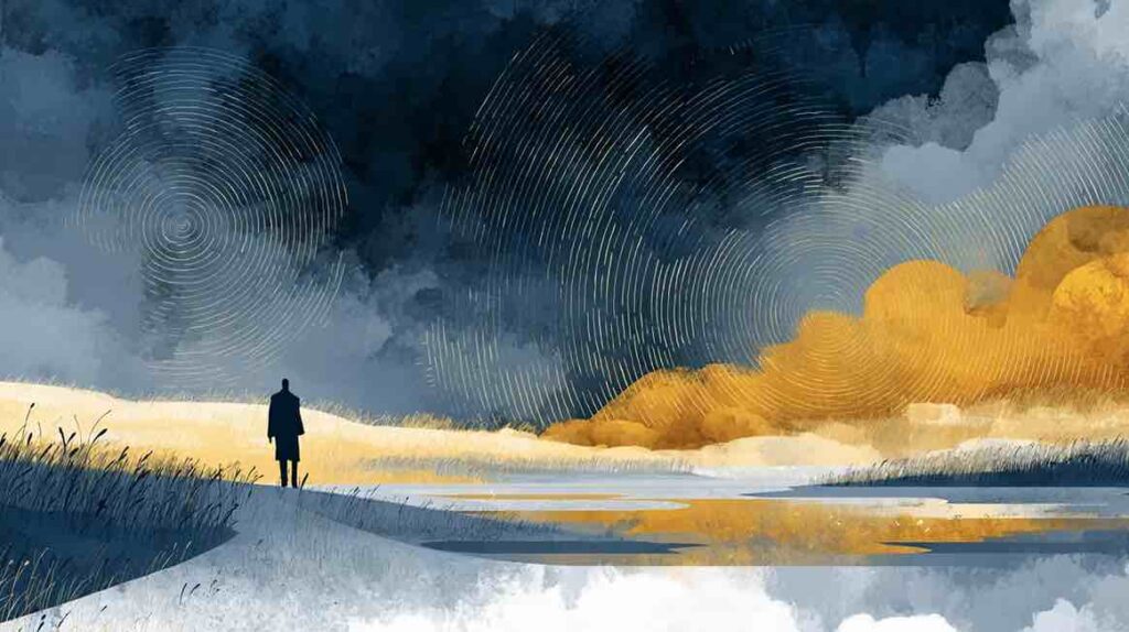 Illustration d'une figure en alerte dans un environnement calme évoquant l'hypervigilance du système nerveux sous stress chronique