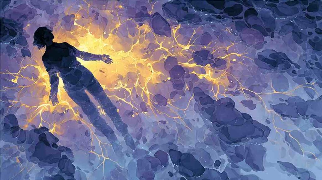 Illustration d'une figure suspendue dans la glace évoquant le gel émotionnel chronique comme mécanisme de protection du système limbique