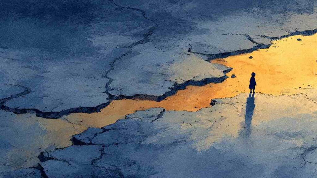 Illustration d'un enfant seul face à l'obscurité évoquant la formation des croyances fondamentales issues de blessures d'enfance