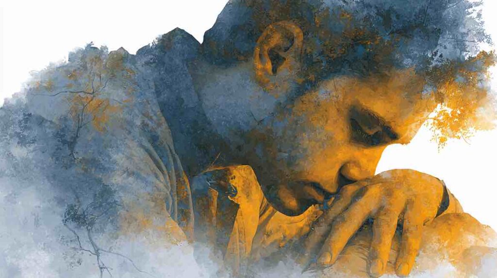 Illustration d'une figure translucide dont le poids émotionnel s'accumule dans le corps évoquant la somatisation de l'anxiété chronique