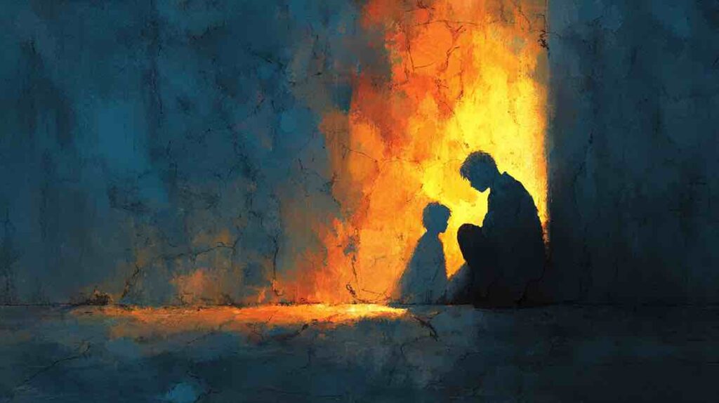 Illustration d'un adulte projetant l'ombre de son enfant intérieur blessé sur un mur