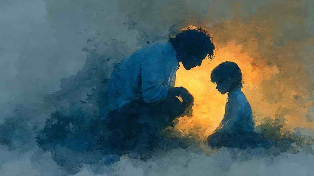 Illustration d'un adulte s'agenouillant pour accueillir son enfant intérieur blessé avec bienveillance