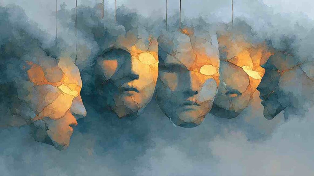 Illustration de cinq masques fissurés évoquant les blessures fondamentales de l'enfance selon Lise Bourbeau