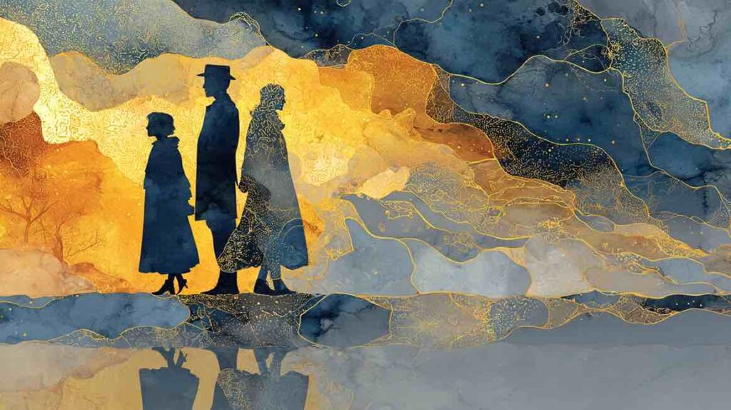 Illustration de trois générations reliées par des fils invisibles évoquant les loyautés familiales inconscientes