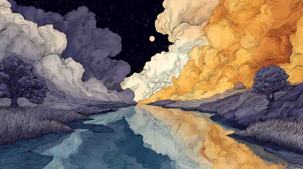 Illustration de deux rivières contrastées évoquant la différence entre pensée normale et pensée envahissante incontrôlable