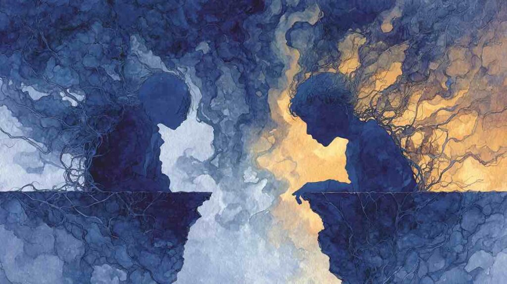 Illustration de deux figures séparées évoquant les difficultés relationnelles causées par un trauma émotionnel non traité