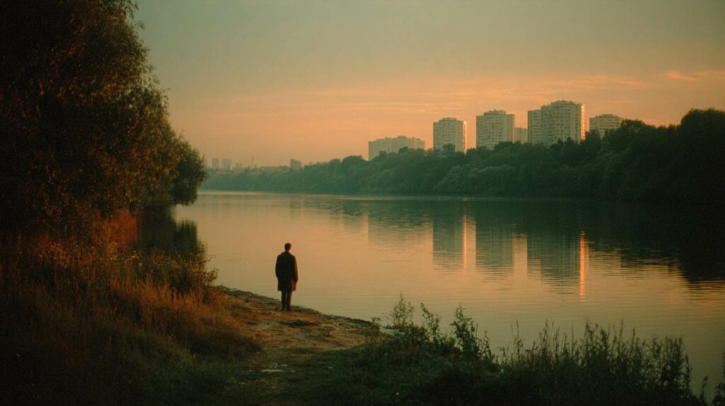 Silhouette apaisée au bord de la Marne au crépuscule, lumière dorée sur l'eau, immeubles de Noisy-le-Grand en arrière-plan flou — cabinet d'hypnothérapie Cédric Frickert, Noisy-le-Grand (93160)