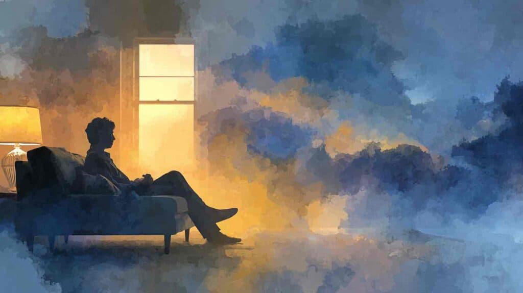 Illustration d'une figure connectée depuis chez elle évoquant l'efficacité des séances d'hypnose et IFS en visio à distance